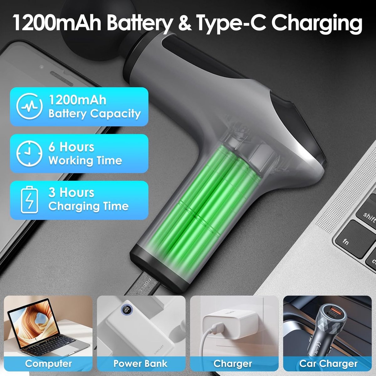 Spiermassagepistool 3200 tpm Geluidsarm met 6 Snelheden en - afbeelding 2