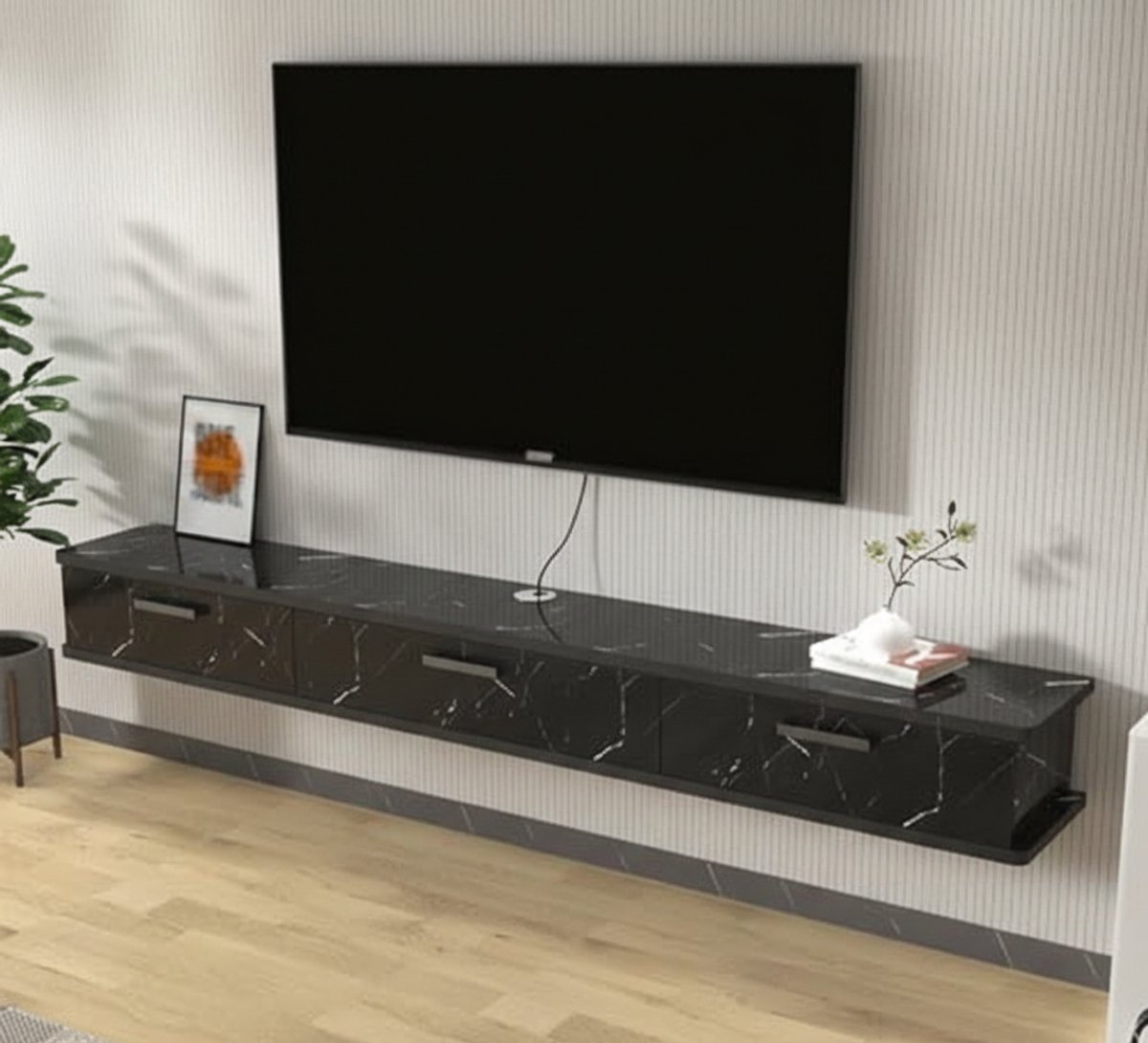 Zwevend TV Meubel met 3 Klapdeuren & Opbergruimte – Wandgemonteerde TV Kast 160 cm – Floating Media Console met Kabelmanagement – Modern Minimalistisch Design – House&Garden