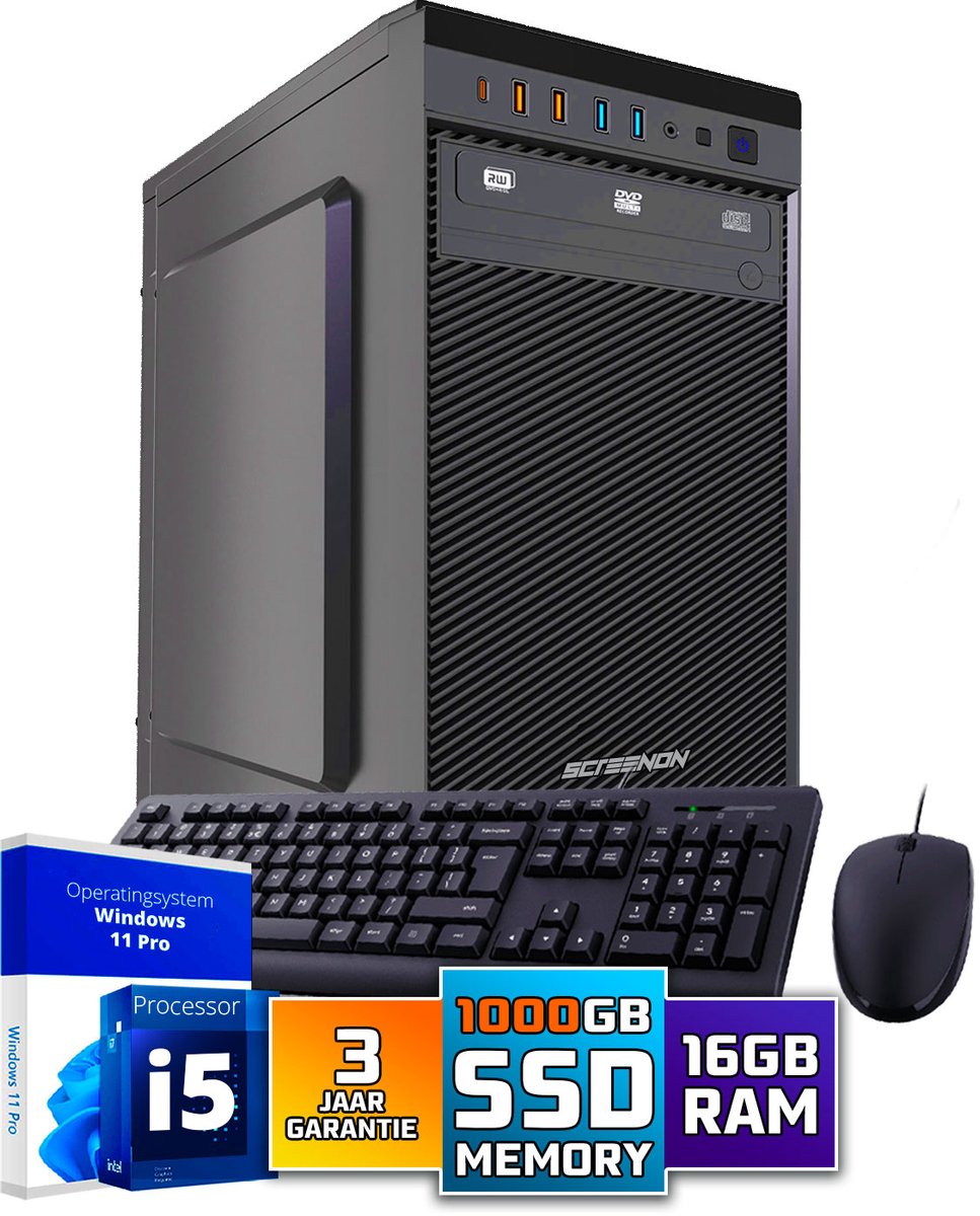 Intel Compleet PC SET | Intel Core i5 | 16 GB DDR4 | 1 TB SSD + Muis & Toetsenbord | Windows 11 Pro + WiFi & Bluetooth