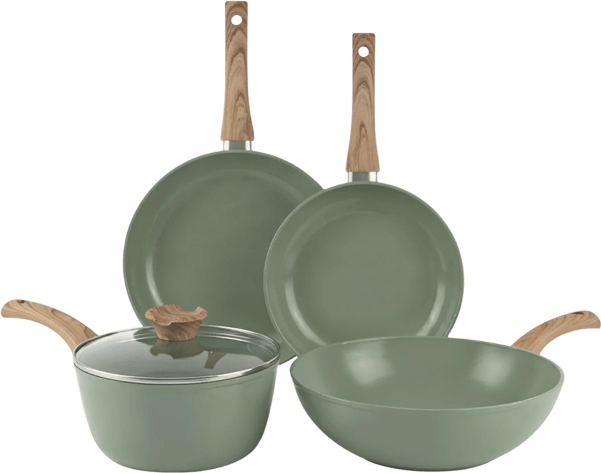 Cook & Pan - Pannenset 4-delig - PFAS vrij - Inductie Keramisch - Non stick - 7 jaar garantie - Sage