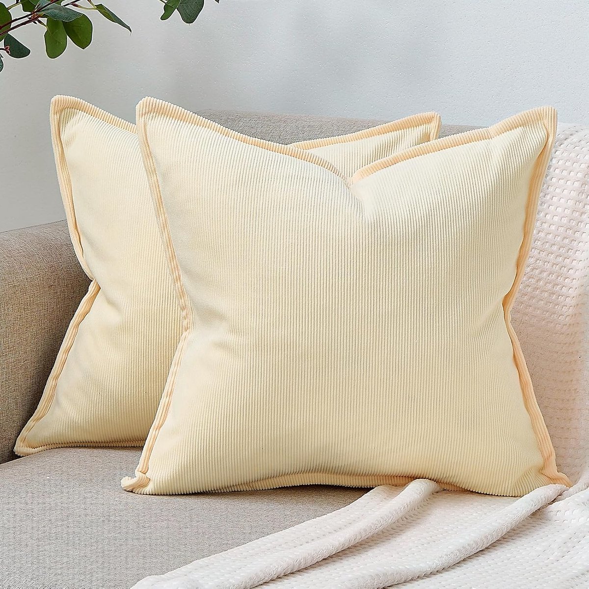 Famanu – Set van 2 stuks ribfluwelen kussenhoezen corduroy gestreept 40 x 40 cm beige