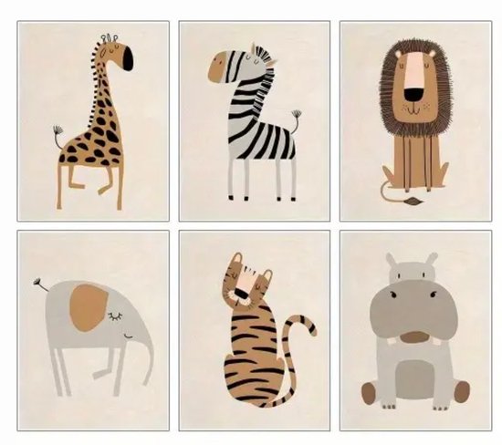 Set van zes kinderposters met illustraties van safari dieren: giraf, zebra, leeuw, olifant, tijger en nijlpaard.