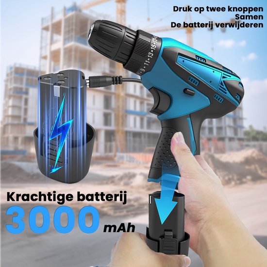 Opladen van de krachtige 3000 mAh batterij voor de blauwe en zwarte accu boormachine.