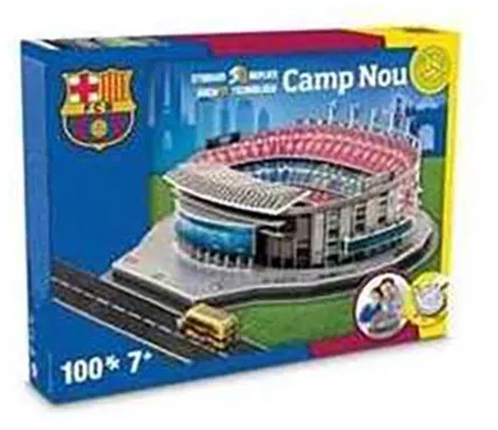 Doos van de 3D puzzel Spotify Camp Nou, met afbeelding van het stadion en een gezin.