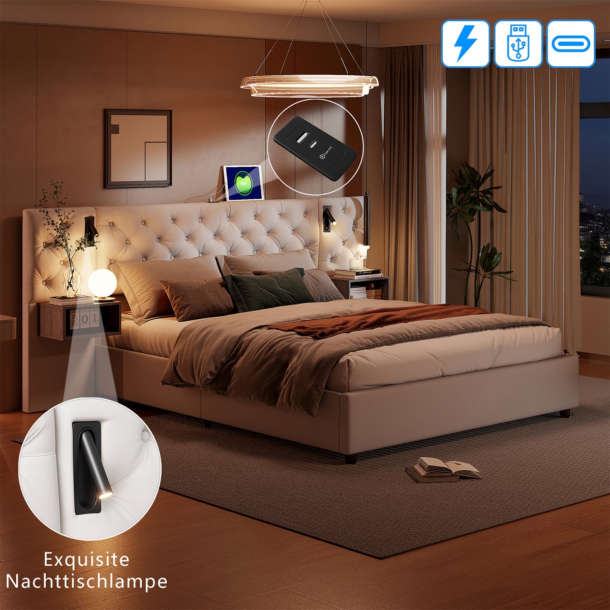 Gestoffeerd bed, 160 x 200 cm hydraulisch bed met USB-aansluiting en leeslampjes, verbreed hoofdeinde met nachtkastjes, fluweel, exclusief matras (Verzonden in 3 pakketten)
