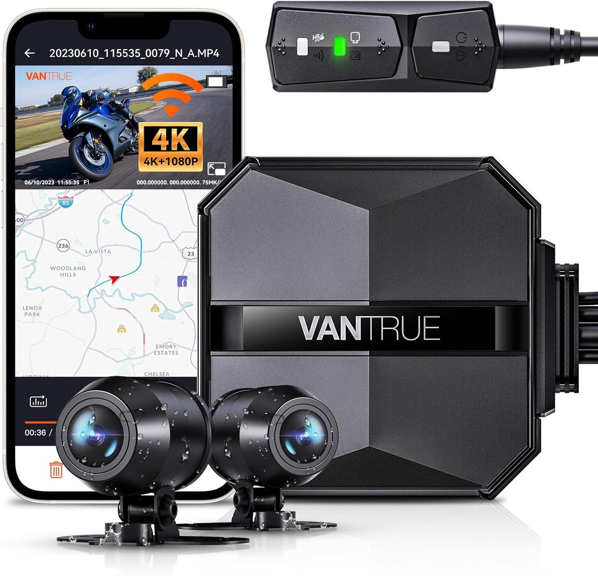 VANTRUE F1 4K + 1080P dashcam motorfiets, 5GHz WiFi GPS dashcam voor en achter, IP67, Duitse stemaanwijzingen motorcamera, 24 uur. Botsingsdetectie, Kilometerstand, WDR & HDR & App, Maximaal 512G