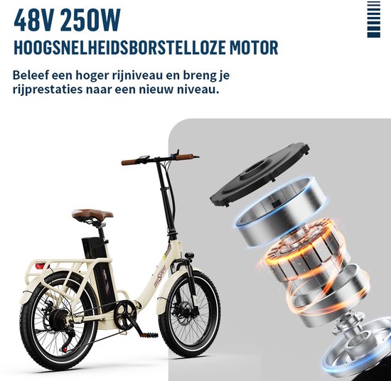 Elektrische Fiets ONESPORT OT16-2 - Elektrische Vouwfiets - 816Wh/17Ah Accu - Tot 90km Actieradius - 20x3 inch Banden - Shimano 7 Versnellingen - schijfremmen voor en achter- Wit van ONESPORT — afbeelding 4