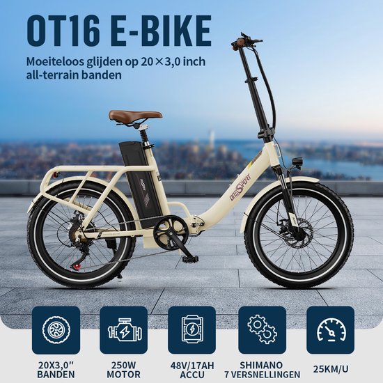 Elektrische Fiets ONESPORT OT16-2 - Elektrische Vouwfiets - 816Wh/17Ah Accu - Tot 90km Actieradius - 20x3 inch Banden - Shimano 7 Versnellingen - schijfremmen voor en achter- Wit van ONESPORT — afbeelding 3