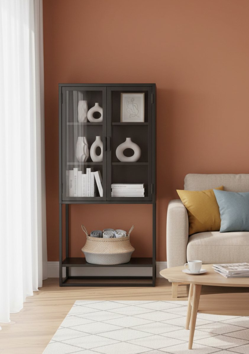 Vitrinekast Industrieel Zwart Metaal 70x35x150 cm – Open Frame Hoge Opbergkast met Glazen Planken voor Woonkamer, Thuiskantoor of Keuken – Altameubel