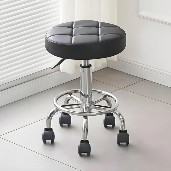 In hoogte verstelbare PU lederen rolkruk stoel met wielen 360 ° draaibaar voor kantoor winkel salon tattoo spa werk