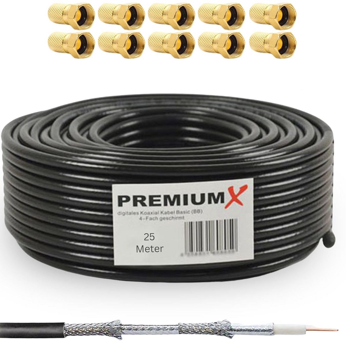 Coaxkabel 135 dB, 4-voudig afgeschermd, CCS, 10x F-stekker, voor SAT en TV