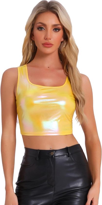 E-Ambar - Mouwloze Dames Crop Top Glanzend Metallic Party Tanktop Clubwear Bovendeel Geel Maat L