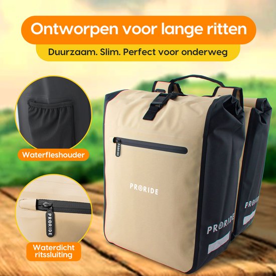 Beige en zwarte dubbele fietstas met rolsluiting. Detail van een waterfleshouder en waterdichte ritssluiting. Tekst 'Ontworpen voor lange ritten'.