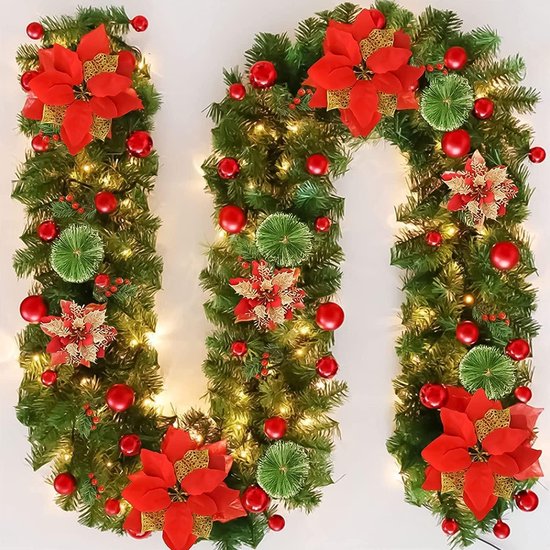 Guirlandes met verlichting-Kerstversiering-Guirlande met verlichting-Kerstkrans met LED-lampjes - 30 LED-lampjes-1,8 m - Kunstmatige rotan kerstkrans - Geschikt voor voordeur, open haard, trap, kerstversiering - rood