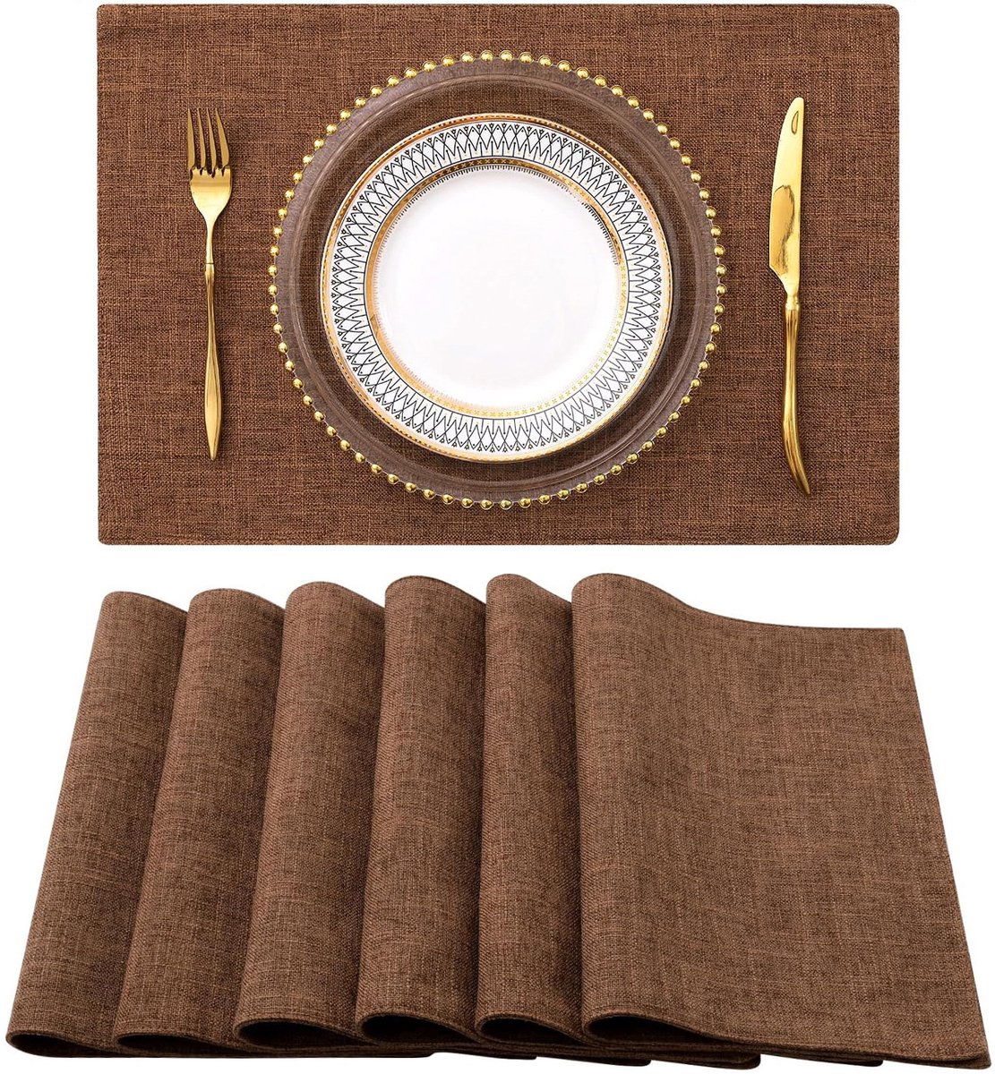 6 stuks - Placemats - Linnen placemats - Placemats in westerse stijl - Tafelmatten - Stof - Wasbaar - Geschikt voor gebruik binnen en buiten - Tafeldecoratie in rustieke stijl - 30 x 45 cm - bruin