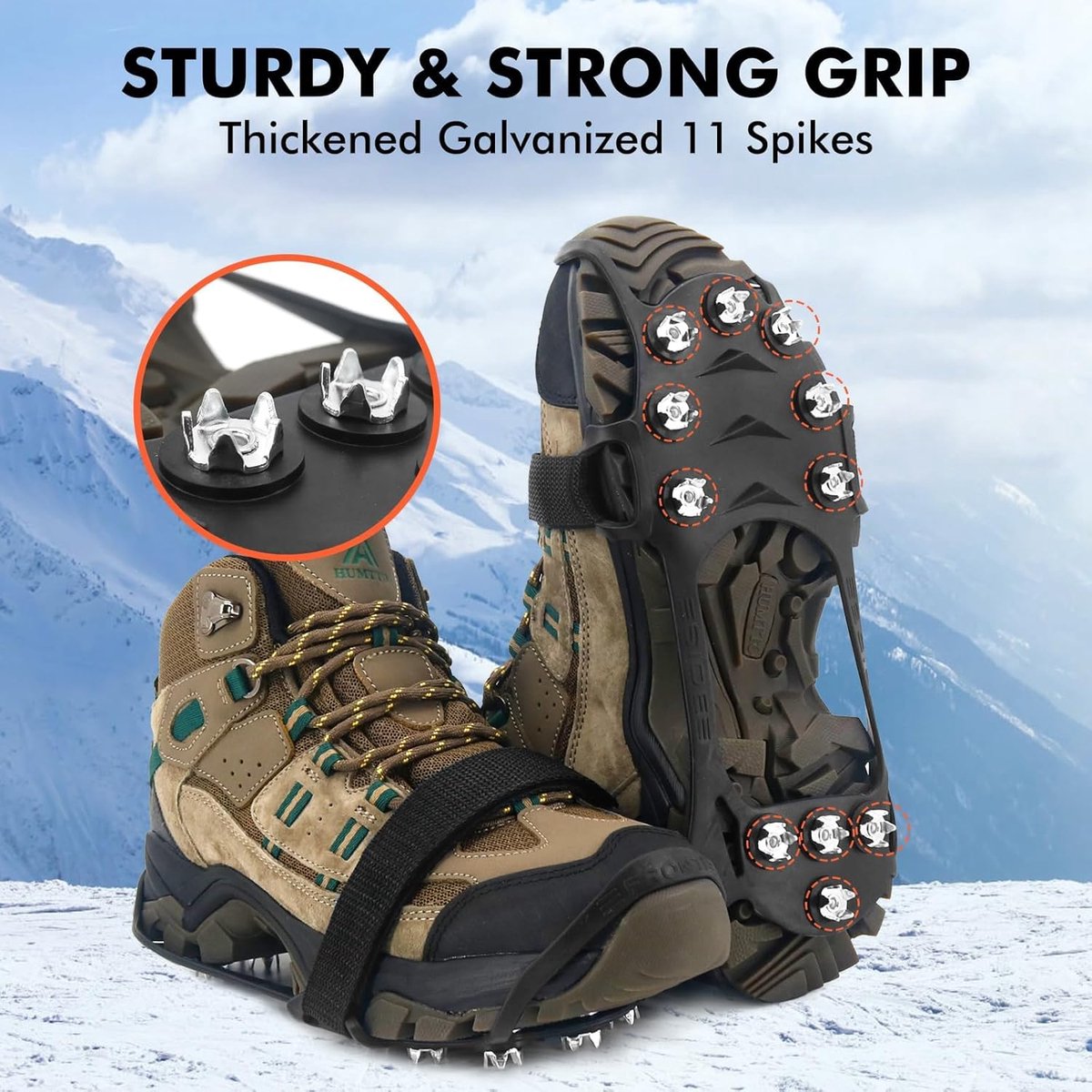 Candala Spikes voor schoenen winter antislip schoenspikes voor sneeuw en ijs 11 tanden schoenenklauwen ijspikes voor dames en heren robuuste stijgijzers Ice Grips lampen voor veilig lopen en wandelen Zwart