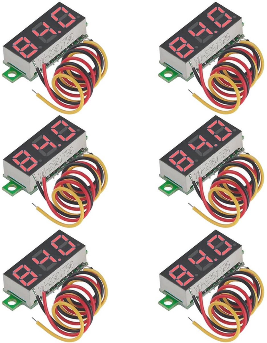 Mini digitale voltmeter 0-100 V - 6 stuks met LED-display en ompolingsbeveiliging
