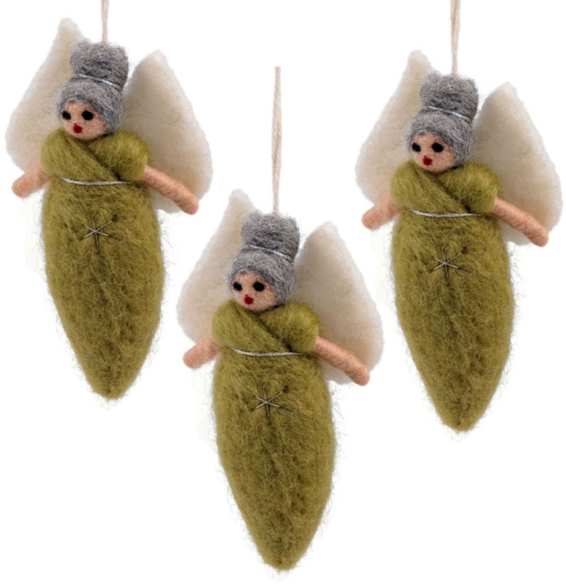 Wolvilt Hangers Engeltjes - Lichtgroen - Set 3 stuks - Fairtrade Homedeco - 13x7cm