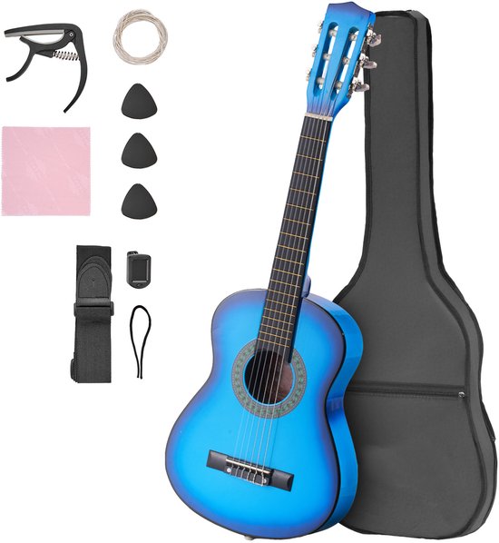 Blauwe klassieke gitaar met gigbag en starterkit accessoires: plectrums, snaren, capo, tuner, riem, doek.