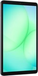 Grijze Samsung Galaxy Tab A11, voorkant met groen abstracte achtergrond.