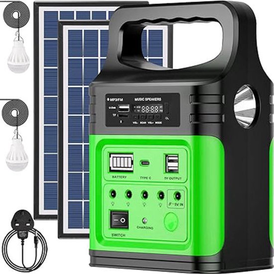 20000mAh LiFePO4 Power Station met Zonnepaneel | 12V/9V DC, USB-C Snel Opladen & LED Verlichting | Draagbare Zonne-Energie Back-up voor Thuis & Outdoor (Groen)- Noodpaket