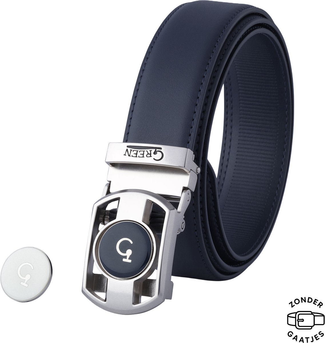 ®Green Golfriem Heren Pro – Echt Leer - Verstelbare Riem - Riem Heren en Dames - Golfen - Zonder Gaatjes - Golf Marker - kleur navy real leather