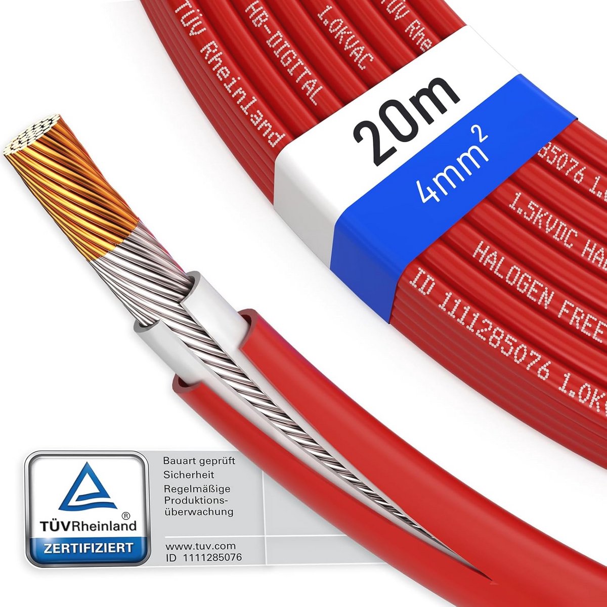 Zonnekabel 20m 4mm² TÜV gecertificeerd UV-bestendig flexibel fotovoltaïsche kabel