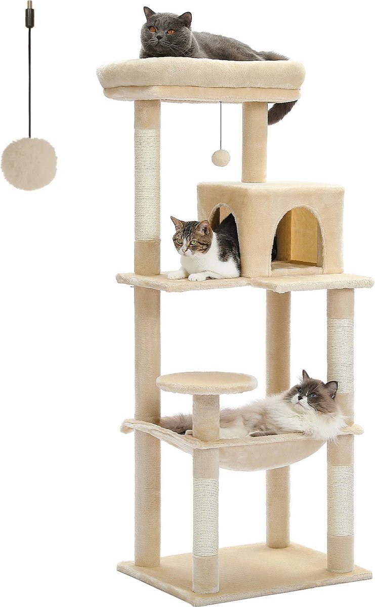 Fubzz Krabpaal Voor Binnenkatten - 5 Niveau Kattentoren Grote Katten - Sisal Krabpalen - Grote Hangmat & Gezellige Condo - Stevig Houten Ontwerp