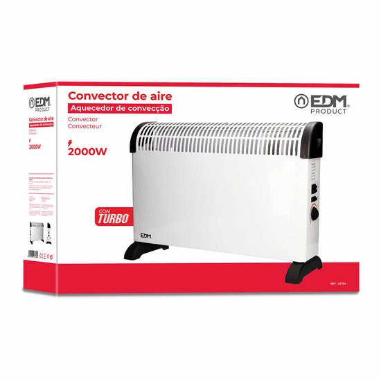 Witte convector met zwarte accenten en pootjes, in de verpakking met 'Convector 2000W' en 'CON TURBO'.