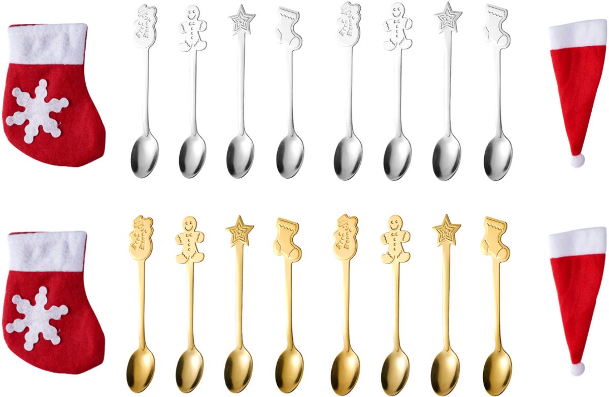 4 set - Lepels - Koffielepels - Kerstbestekset - Roestvrij staal - Dessertlepels - Verpakt met kerstsok en kerstmuts - Geschikt voor feestelijke decoraties - Ideaal voor brunch en cadeau-gelegenheden - Goud + zilver