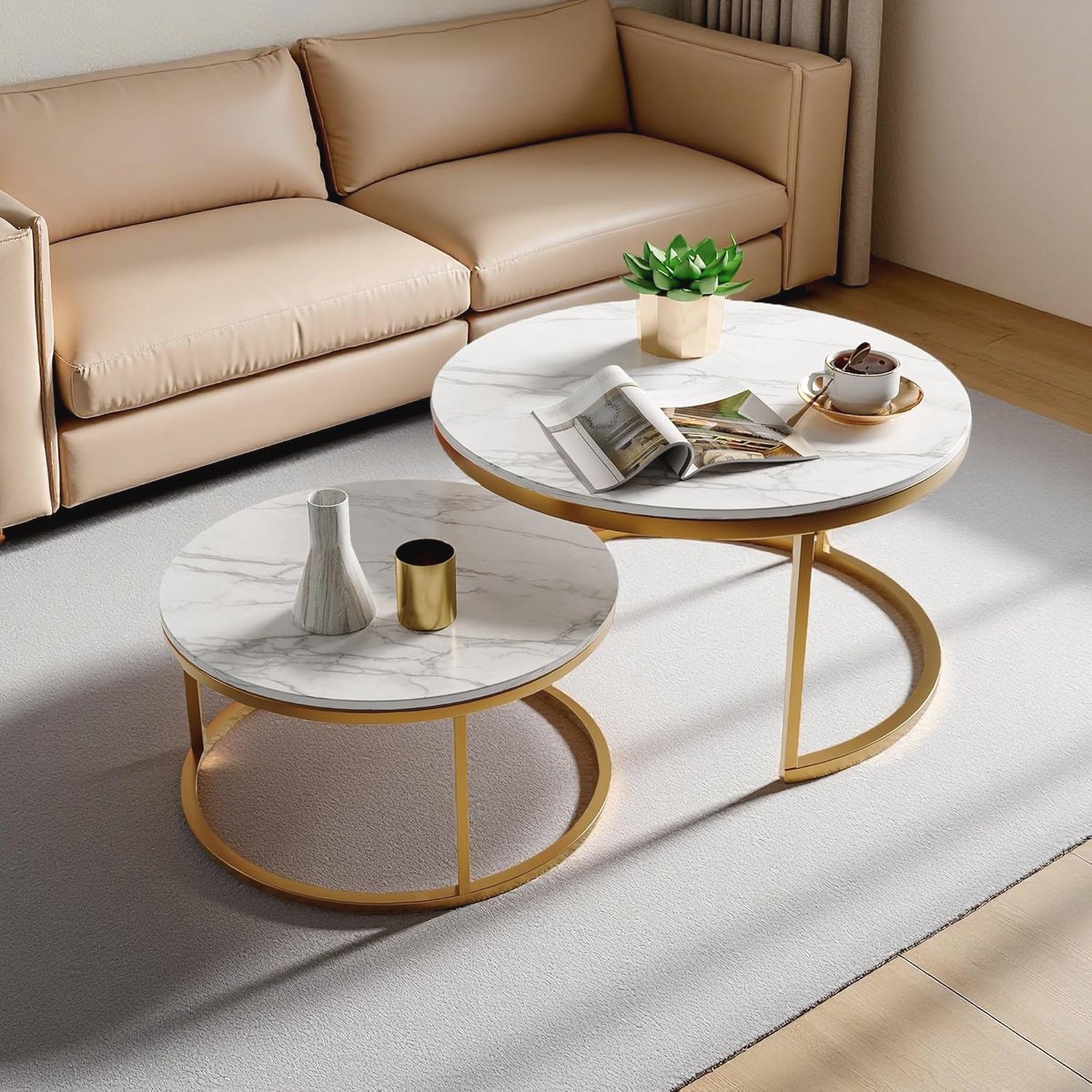 Ronde Salontafel Set van 2 met Goudkleurig Frame en Wit Marmer - Ideaal voor Woonkamer, Slaapkamer en Kantoor