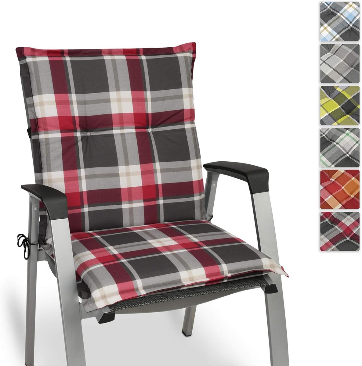 Zitkussen voor tuinstoel met lage rugleuning 100 x 50 cm - rood/grijs ruit - UV-lichtecht 