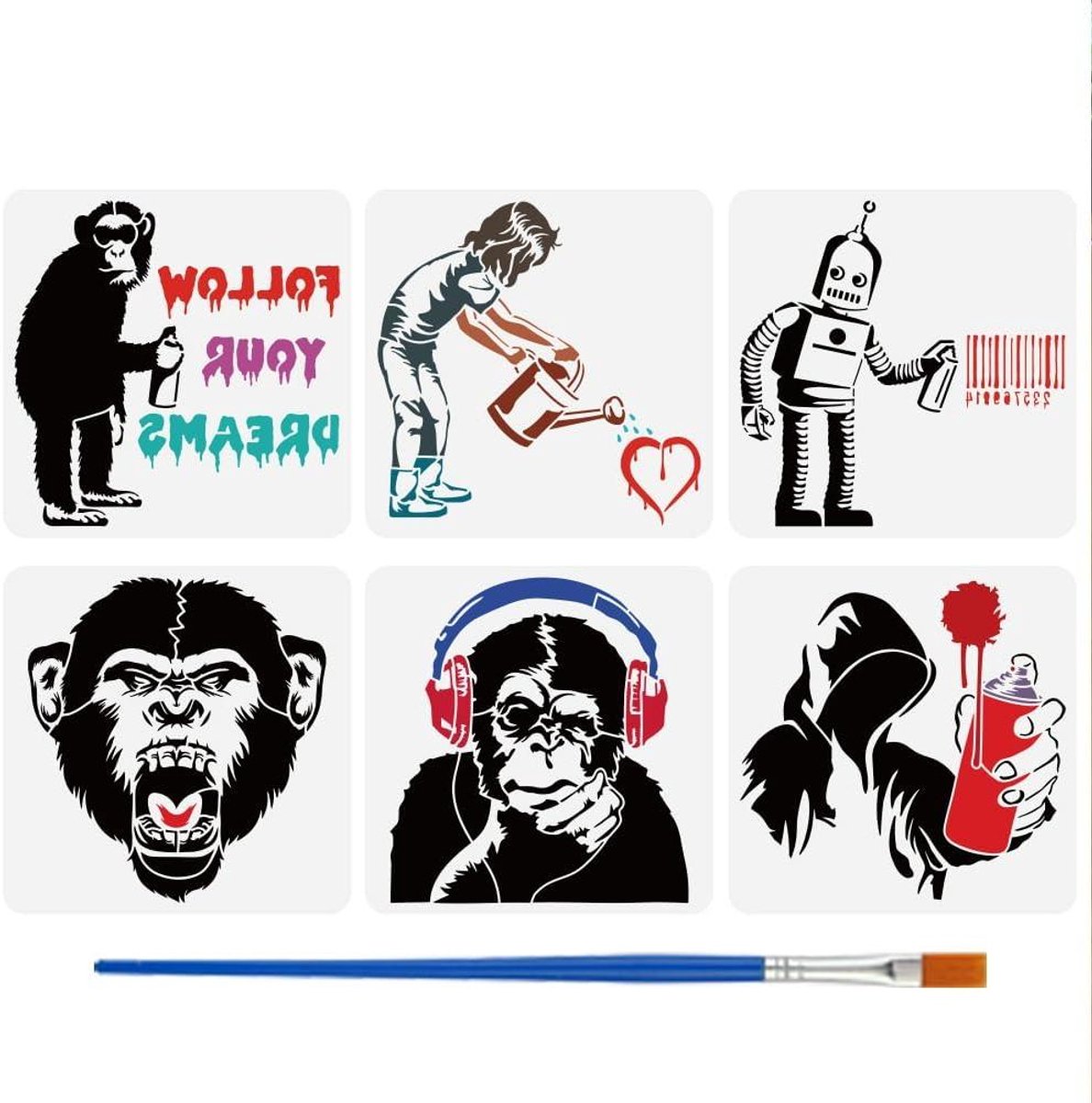 Ronte - Graffiti Sjablonen Set met Bamboe Borstel - Groot Formaat - Banksy Thema