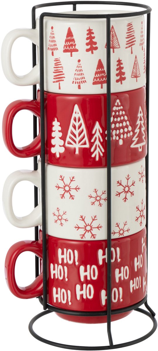 J-Line kopje Kerstmis Dolomiet - keramiek - rood/wit - doos van 4