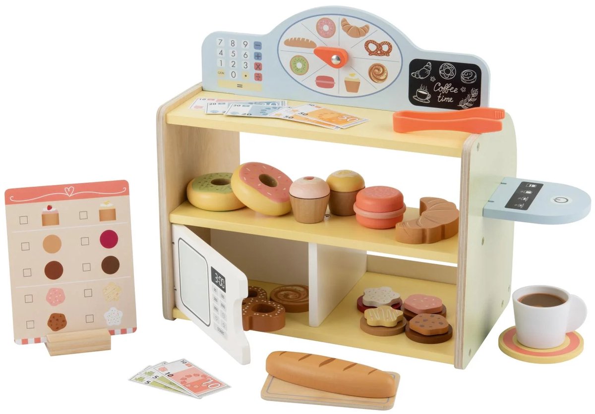 lupilu Houten speelgoed 2-in-1 bakkerij & café - gemaakt van echt hout - Leeftijdsadvies: 2+ - Bevordert spelenderwijs de fantasie en het rollenspelvermogen - Verkoopstand met veel lekkere bakwaren, oven en koffiezetapparaat