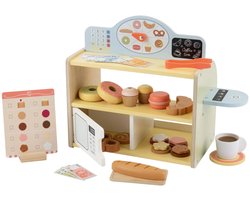 lupilu Houten speelgoed 2-in-1 bakkerij & café - gemaakt van echt hout - Leeftijdsadvies: 2+ - Bevordert spelenderwijs de fantasie en het rollenspelvermogen - Verkoopstand met veel lekkere bakwaren, oven en koffiezetapparaat