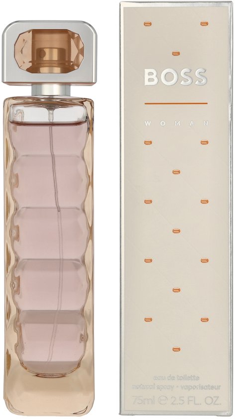 Hugo Boss Woman parfumfles van 75ml Eau de Toilette met gouden details, naast een bijpassende doos.