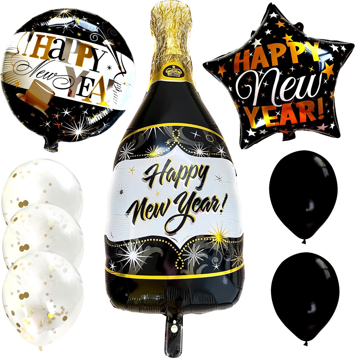 Happy New Year Ballonnen Set - Champagne Fles - Oud en Nieuw Feest - Nieuwjaarsfeest - Feestversiering - Party versiering - Helium Geschikt - Kerstcadeau