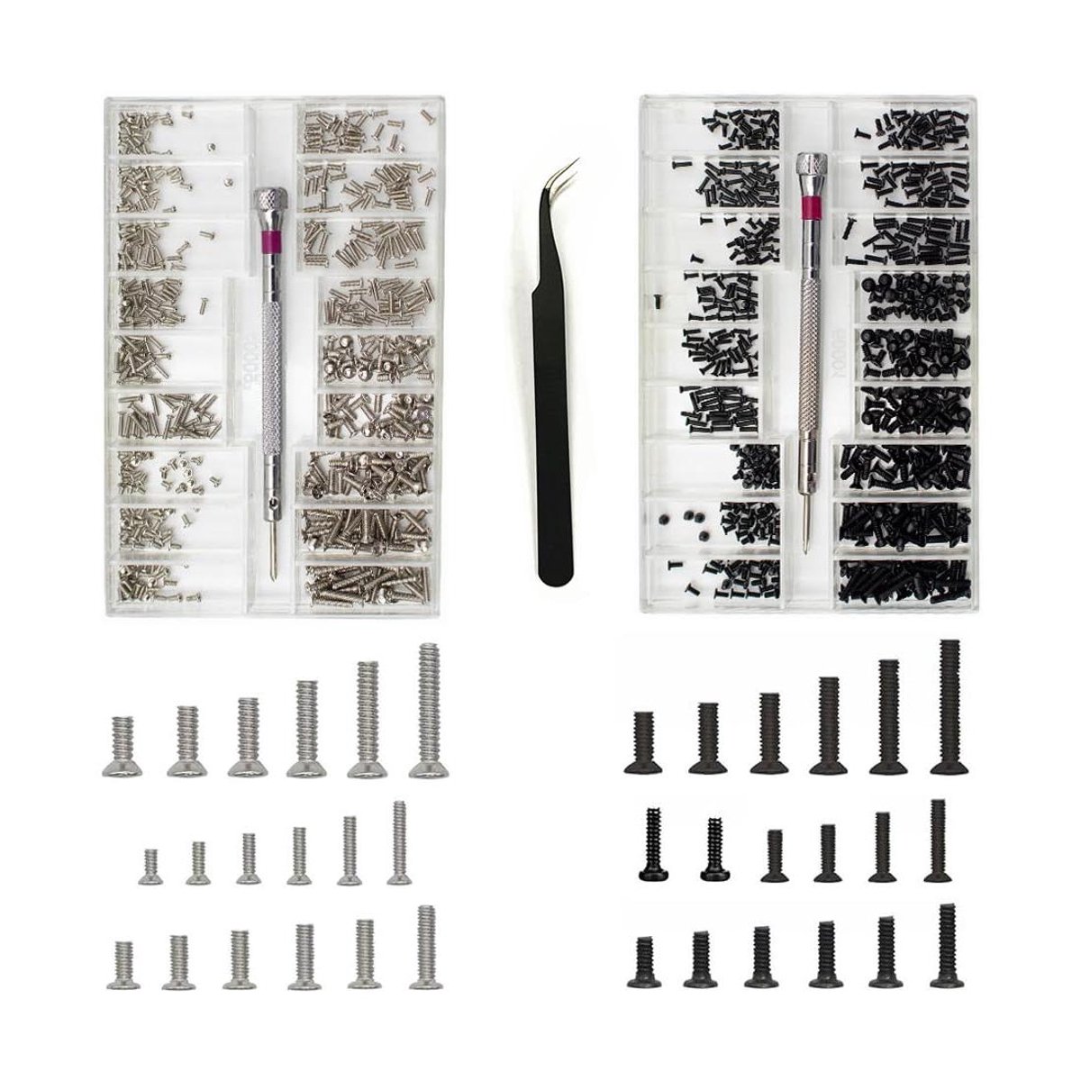 Mini-schroevenset met schroevendraaier en pincet - 960 stuks, horloge reparatieset, bril en laptop schroeven - assortiment zwart en zilver