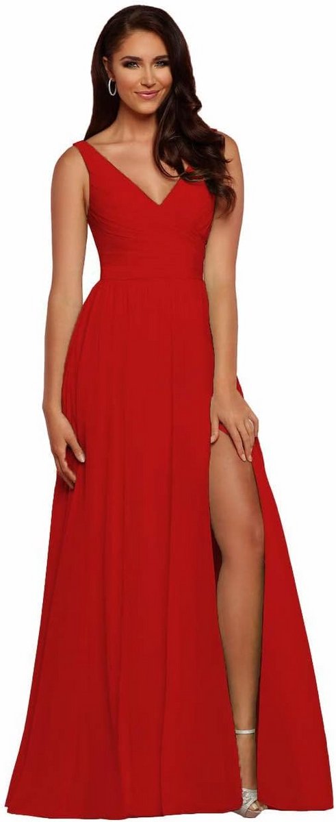 Lange Bruidsmeisjes Jurk met Split V-hals Chiffon A-lijn Geplooid voor Prom