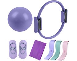 Klikkopers® - Pilates Set 7-Delig – Pilates Ring 35 cm – Weerstandsband – Pilates Bal – Anti-Slip Sokken – Complete Fitness & Flexibiliteit Trainingsset – Paars