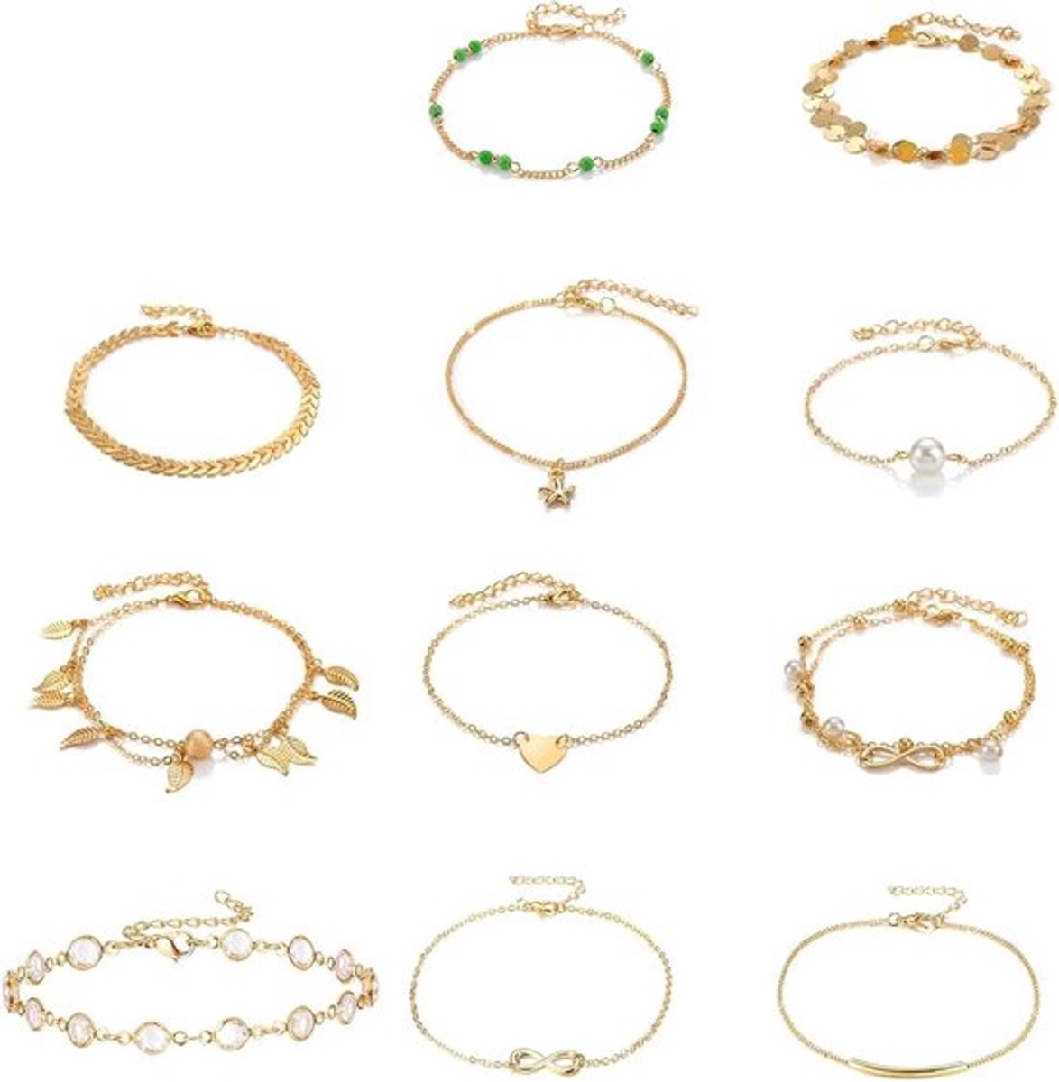 Gouden Enkelbandjes - 10-delige set voor dames, meisjes en tieners