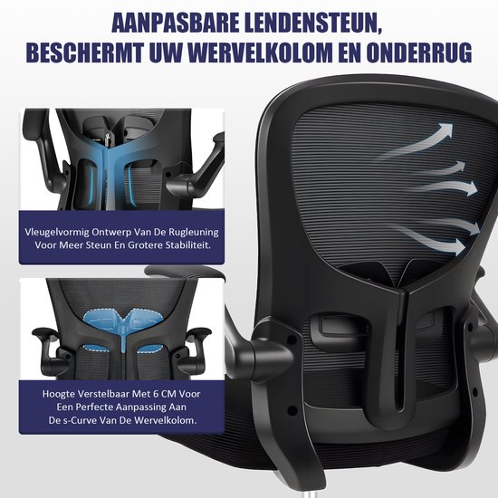 Durrafy Bureaustoel - Ergonomische Bureaustoel - Bureaustoelen voor Volwassenen - Office Chair - met Lendensteun & 90° Opklapbare Armleuningen | Verdikt en Verbreed Zitkussen | Hoogteverstelling - Stoel Tot 150kg - Zwart