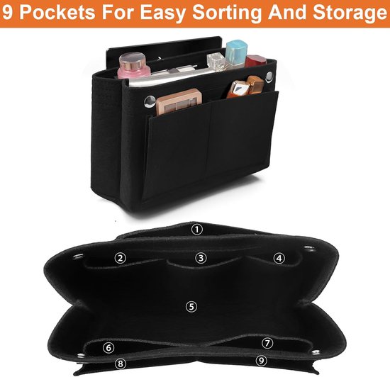Nircho Tasorganizer voor longchamp, vilten handtas, organizer met meerdere vakken, grote capaciteit, zakinzet-organizer voor longkam, portemonnee-accessoires voor longchamp draagtas (Zwart,M