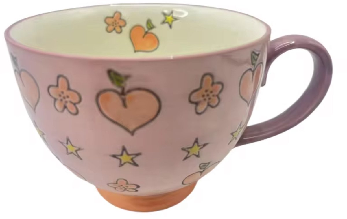 Gezellige Mok - Handgeschilderd Keramiek - Pastel Roze met Perzik-Hartjes & Sterren - 450ml