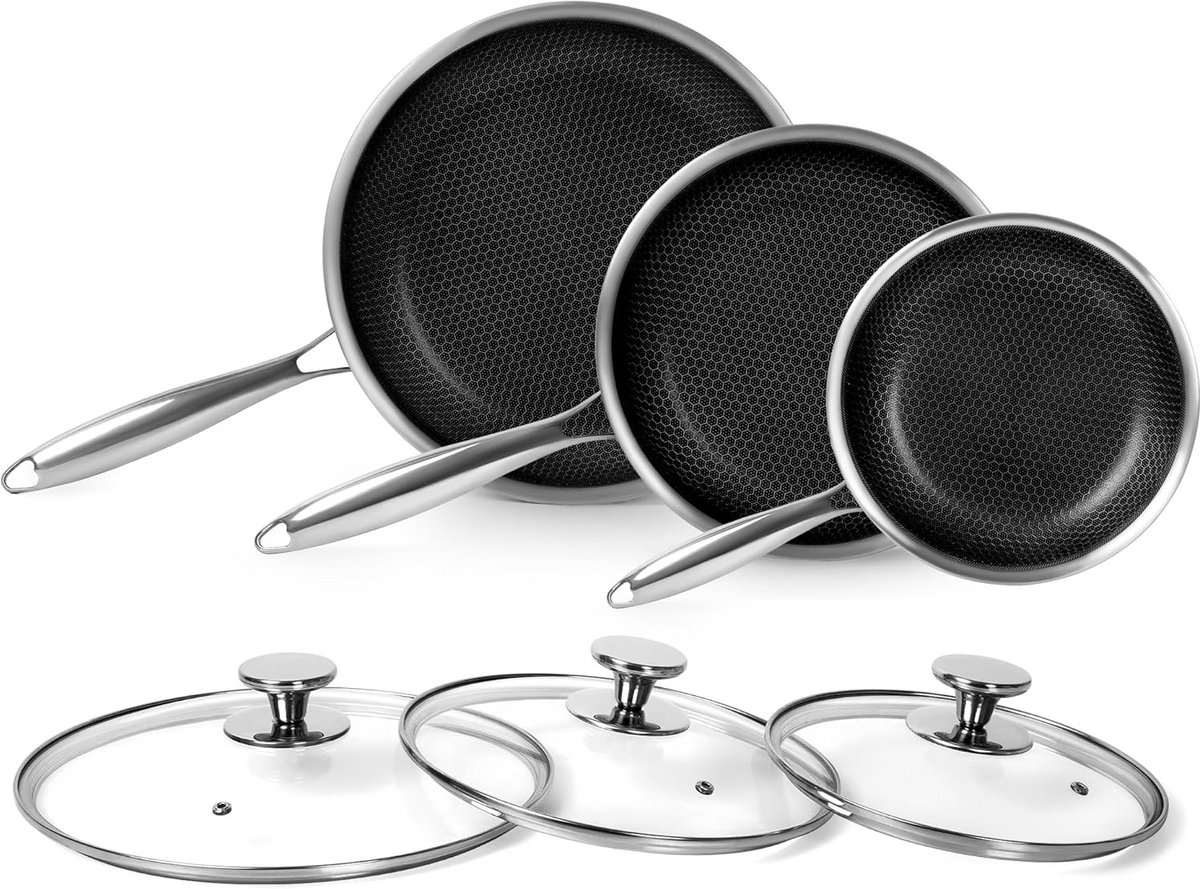 Drielaags roestvrijstalen pannenset 20 + 24 + 28 cm met deksel