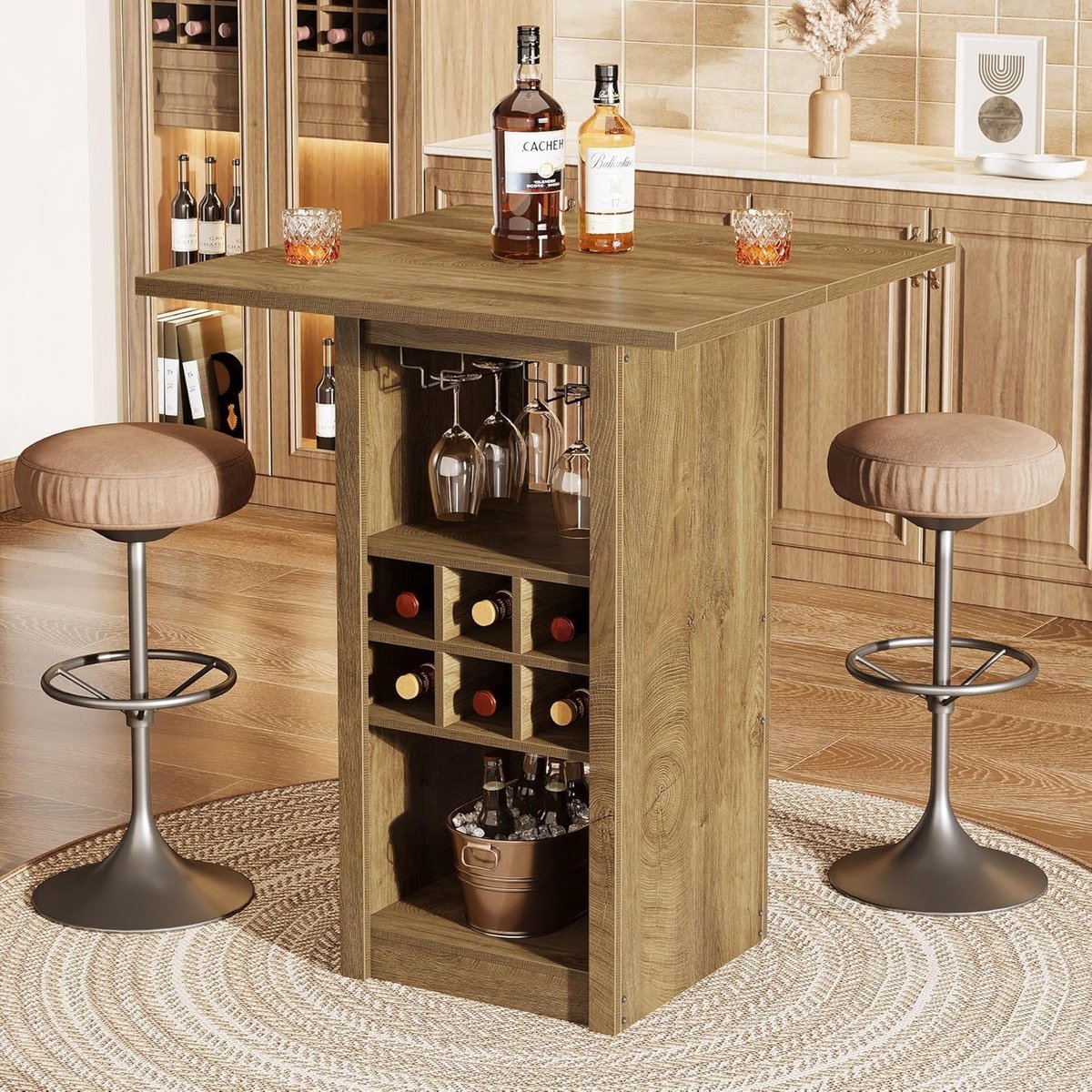 Tribesigns Vierkante Bartafel – Industriële Bartafel met 4 Etages – Wijnrek en Wijnglazenhouder – Ideaal voor Keuken, Woonkamer en Eetkamerrustiek – Bruin - 80×80×100cm