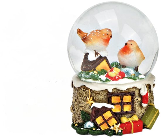 Wurm - Boule à neige - Rouge-gorge - Oiseaux - Hiver - Souche d'arbre avec fenêtres et cadeaux - Cadeau de Noël - Noël - Décoration de Noël - 7x6x9cm - Polyrésine/verre - 2 assortis