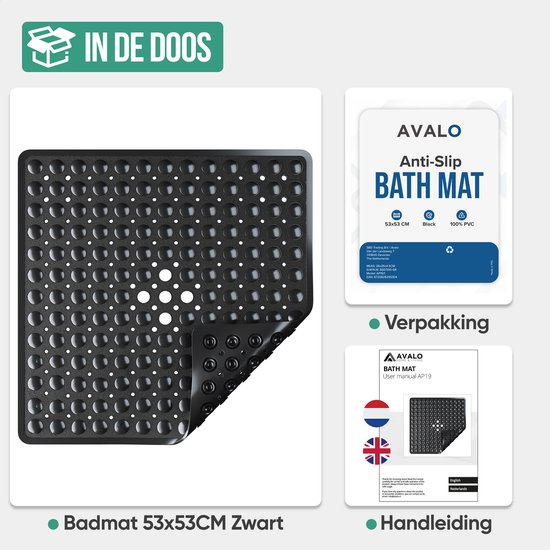 Zwarte Avalo badmat 53x53cm met 150+ zuignappen en een gestippeld patroon.