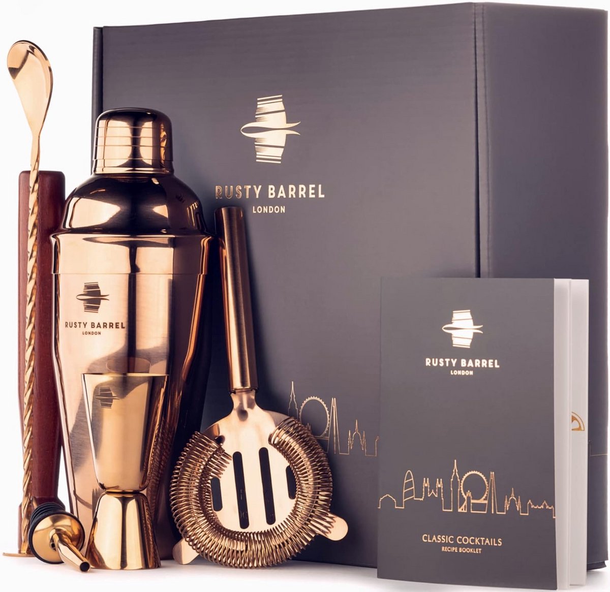 Luxe Cocktail Shaker Set met Bar Accessoires in Koperen Geschenkdoos